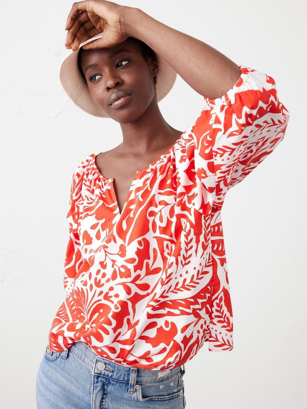 Banana Republic Factory Lantern-Sleeve Poplin Blouse Top White Red Womens Small